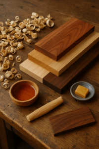 Assortment of aromatic wood boards with natural oil, beeswax, and curled wood shavings on a rustic workbench