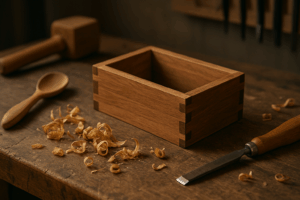 Handcrafted wooden box with dovetail joints on a rustic workbench, surrounded by shavings, spoon carving, mallet, and chisel