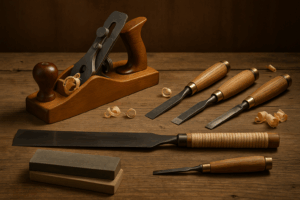 Traditional woodworking tools including a hand plane, chisels, Japanese pull saw, and sharpening stones arranged on a rustic workbench