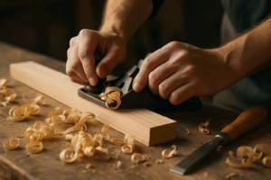 Close-up of a woodworker’s hands using a hand plane on a wooden board with soft lighting and curled shavings