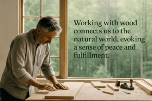 Woodworker sanding a plank beside a window overlooking a lush green forest, illustrating harmony between craftsmanship and nature.