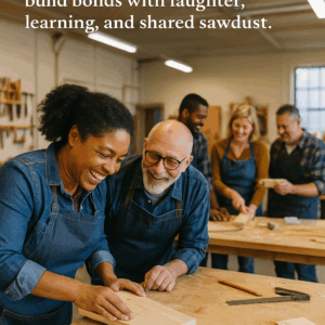 Four diverse woodworkers collaborate at a bright community workshop bench as a centered quote appears with comfortable top padding.