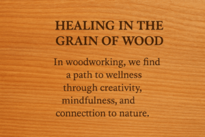 Inspirational text over a close-up of natural wood grain reading, “Healing in the Grain of Wood – In woodworking, we find a path to wellness through creativity, mindfulness, and connection to nature.”