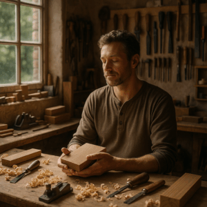 Woodworker seated at a sunlit bench, holding a piece of wood in quiet reflection with tools and wood shavings surrounding him.