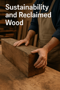 Woodworker inspecting a large piece of reclaimed wood, showing its weathered texture and natural imperfections on a rustic bench.