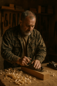 Veteran woodworker in a camouflage jacket focused on planing wood in a warm-lit workshop surrounded by hand tools and wood shavings.