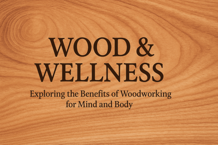 Elegant wood grain background with the title text “Wood & Wellness: Exploring the Benefits of Woodworking for Mind and Body.”
