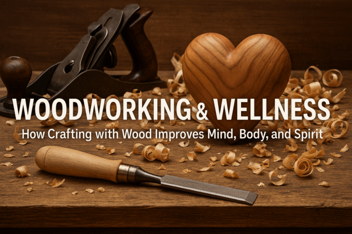 Woodworking and wellness concept featuring a carved wooden heart, hand tools, and wood shavings on a rustic workbench