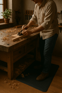 Woodworker standing on an anti-fatigue mat while hand planing wood in a sunlit workshop with good posture