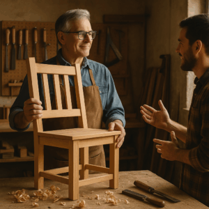 Older woodworker proudly holding a handcrafted wooden chair while talking with a younger craftsman in a warmly lit workshop