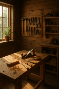 Peaceful woodworking workshop with natural sunlight, organized hand tools, wooden workbench, and calming natural elements